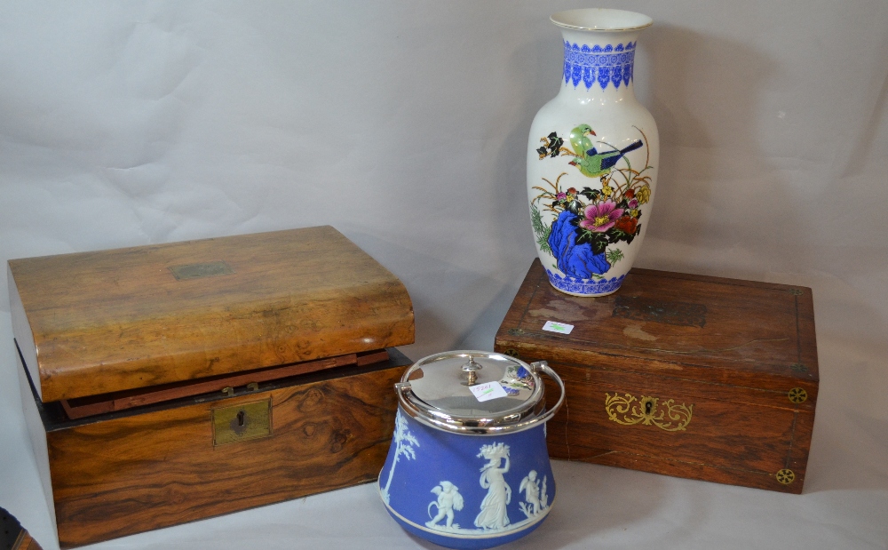 Victorian walnut stationary box, rosewood and brass inlaid box, together with Wedgwood biscuit