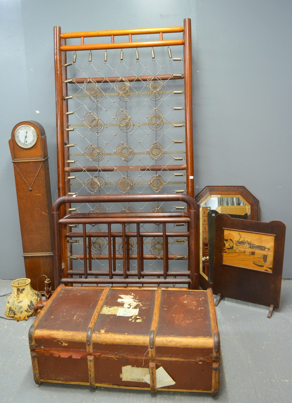 Oak grandmother clock, trunk, faux bamboo single bed, fire screen, mirror and a lamp,