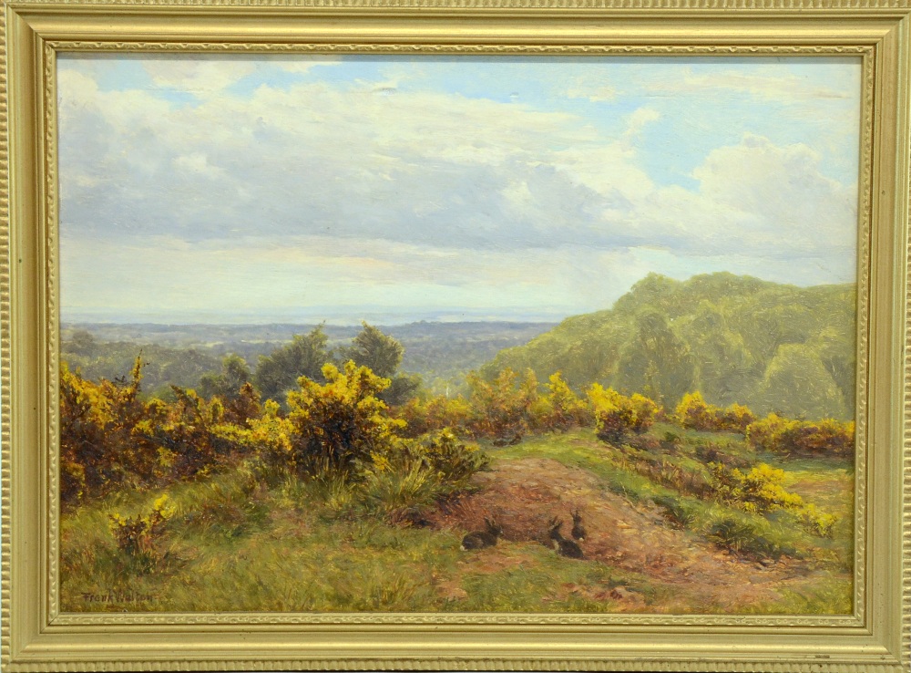 Frank Walton - landscape with rabbits in the foreground, signed, oil on board, 9.5"x13.5"