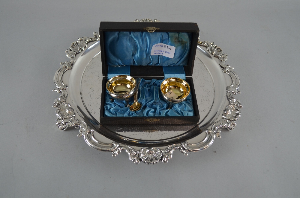 Silver plated salt cellars and tray