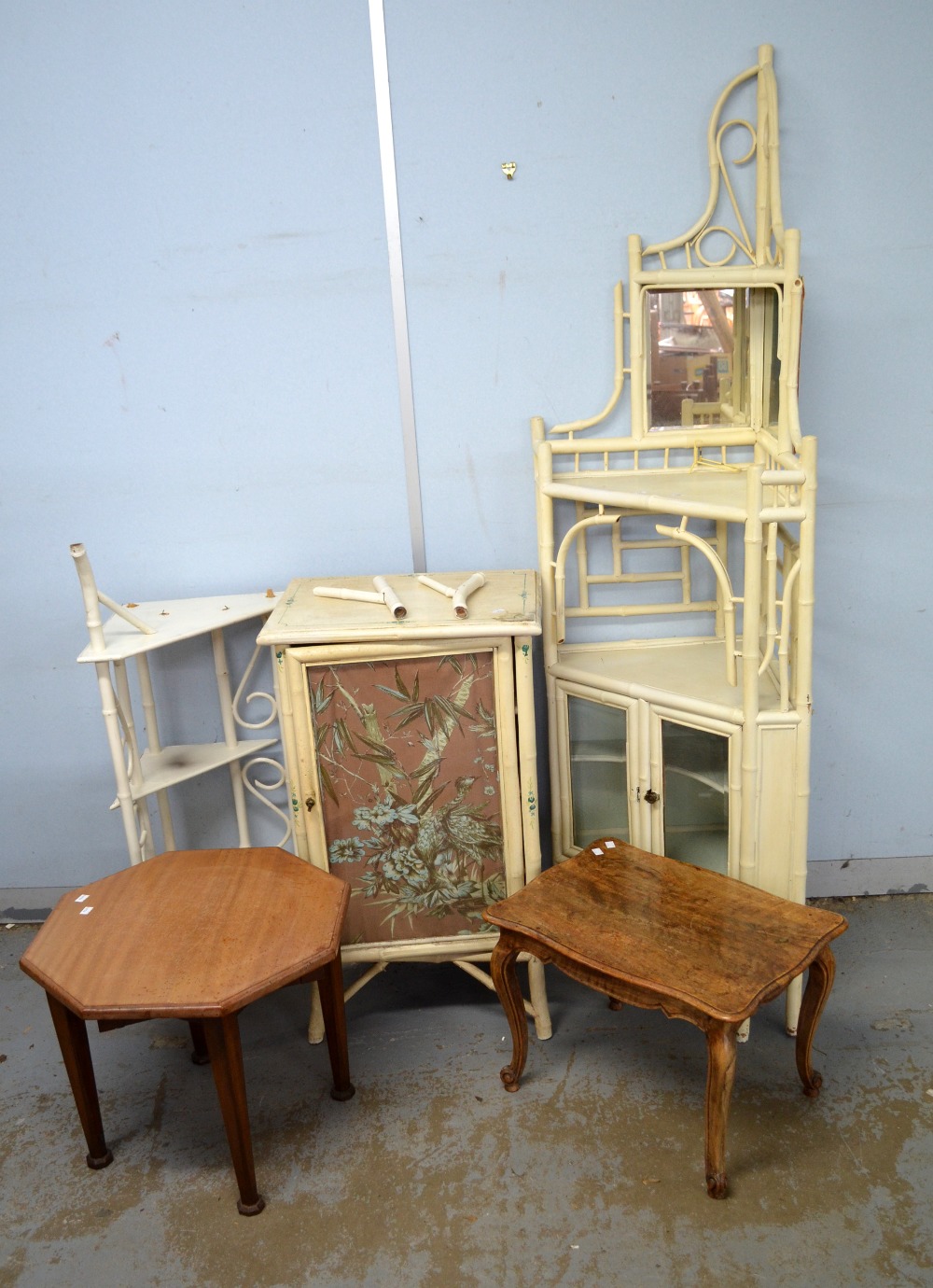 White painted corner cabinet, similar single door cabinet, corner stand, and two occasional tables