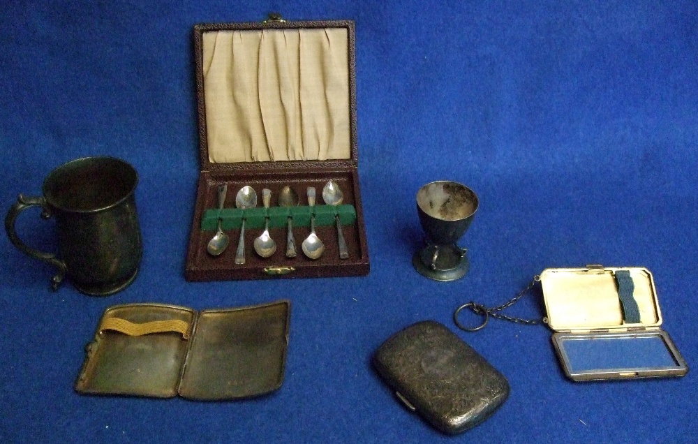 Victorian silver mug, two cigarette cases, egg cup and six silver coffee spoons, 10oz, and a