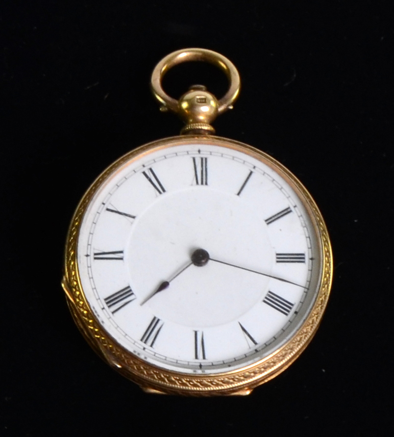 19th century lady`s 18ct gold pocket watch, with enamel face and reverse engraved with roses