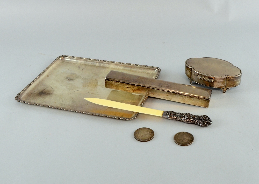 Silver tray, two boxes, two silver coins and silver handled letter opener