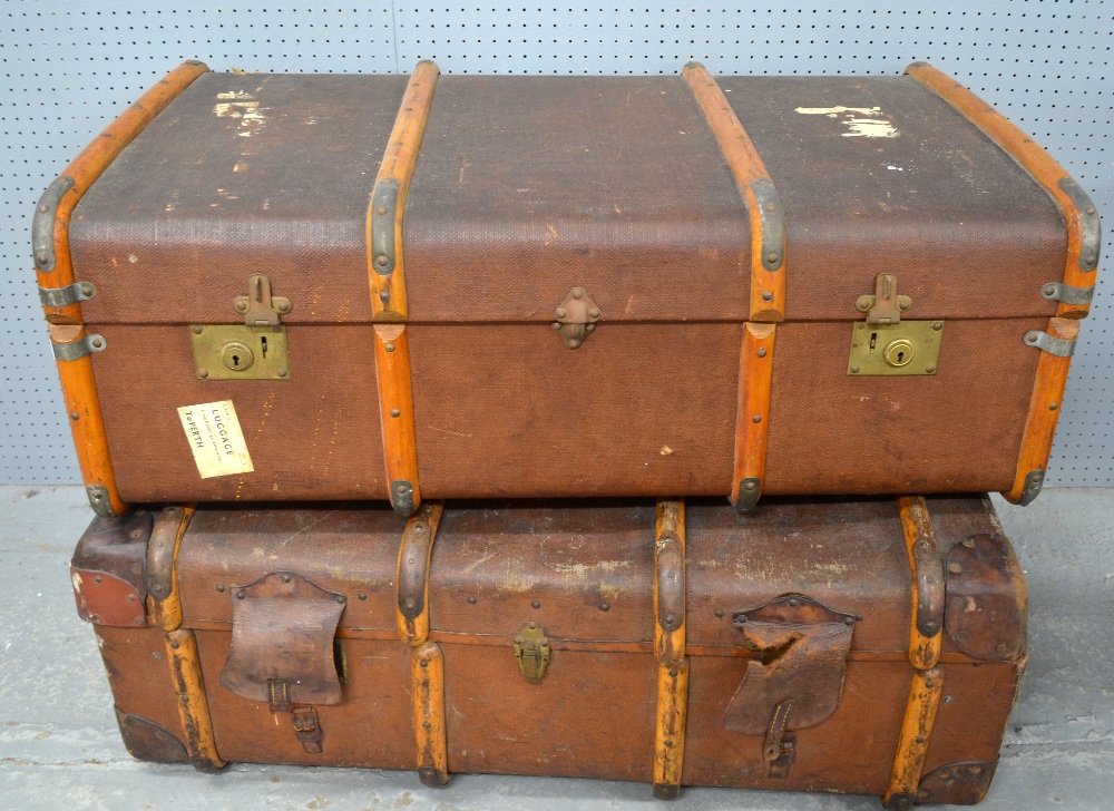 Two early 20th century leather canvas and bentwood cabin trunks