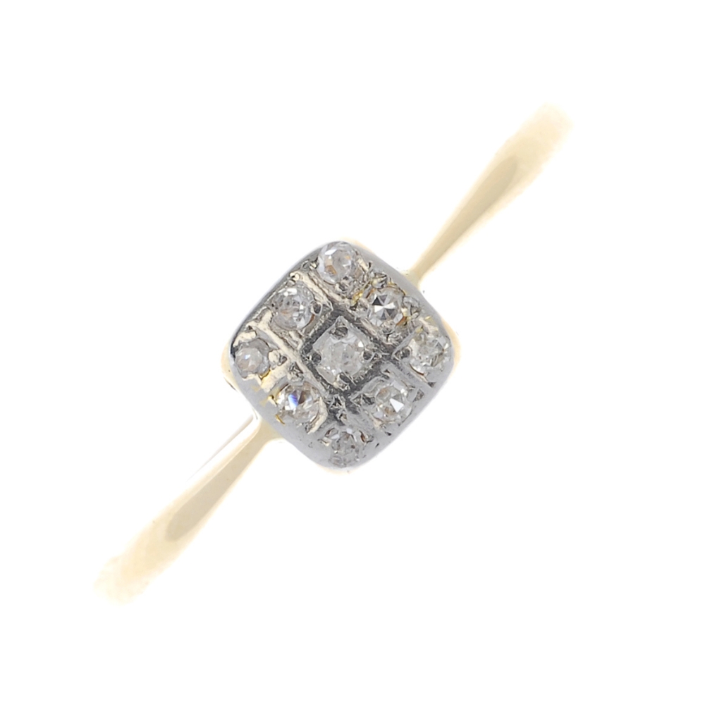 An early 20th century 18ct gold diamond ring. The single-cut diamond square-shape panel, to the