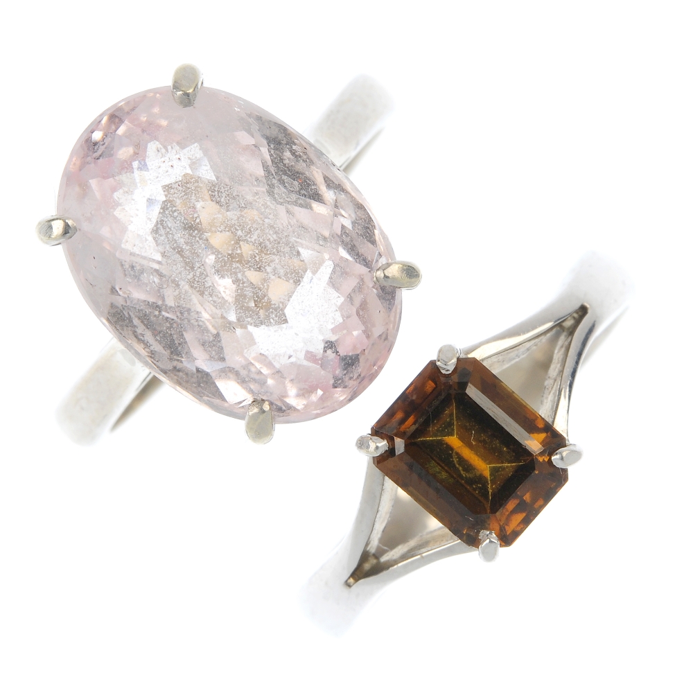 Two 9ct gold single-stone rings. To include an oval-shape morganite beryl ring, together with a