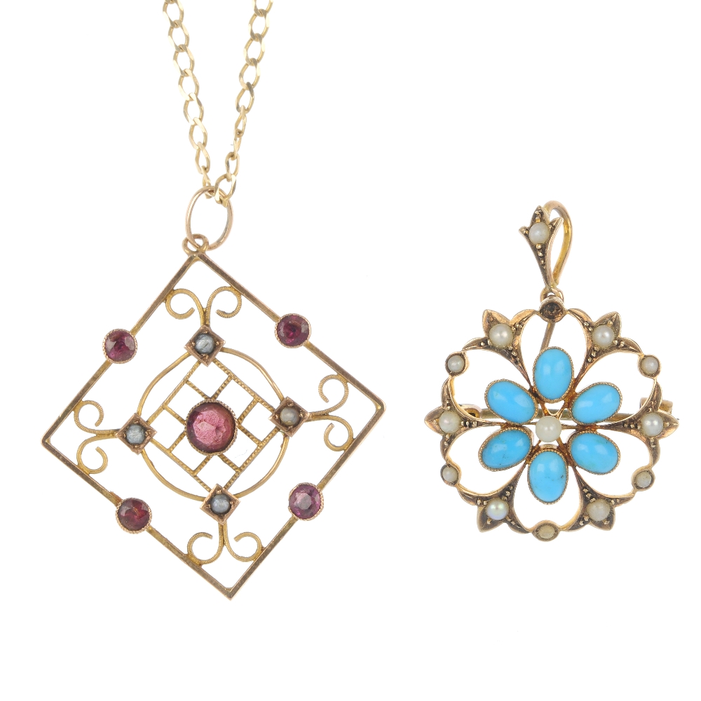 Two early 20th century 9ct gold gem-set pendants. Each of openwork design, to include a turquoise,