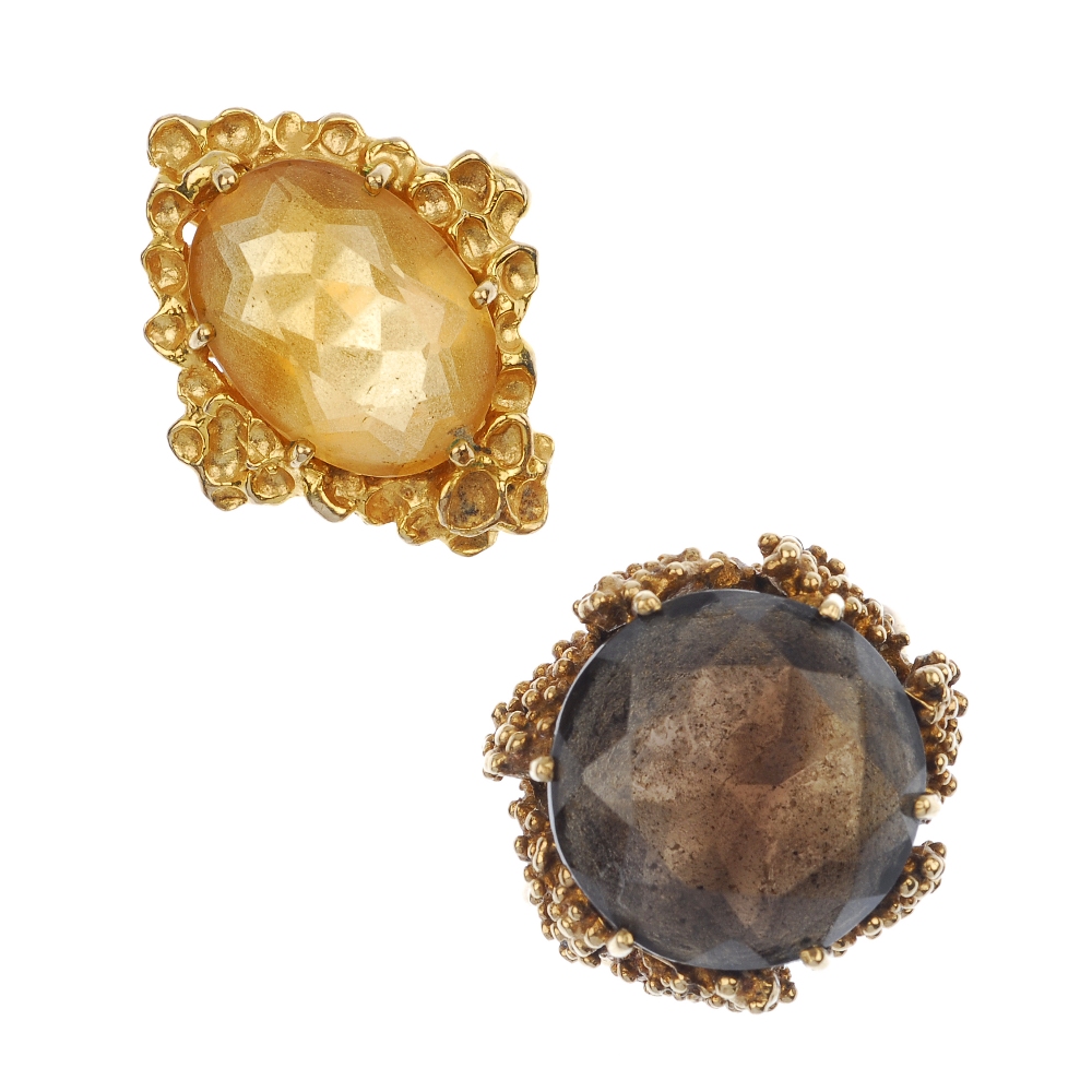 Two 1970s 9ct gold gem-set dress rings. To include an oval-shape citrine single-stone ring within a