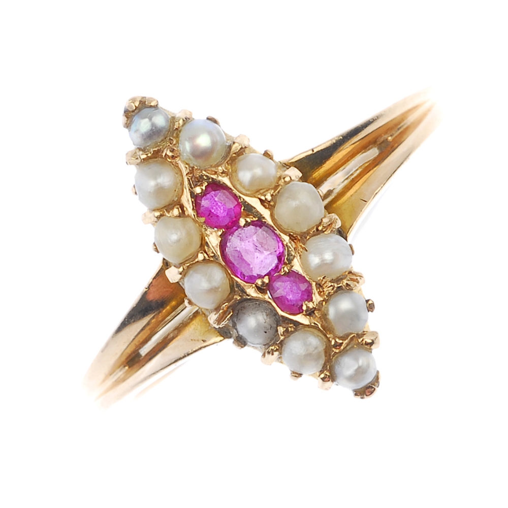 A late Victorian 15ct gold ruby and split pearl ring and a similarly-set brooch. The ring designed