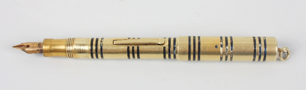 A 14ct fountain pen, with nib stamped `Mabie Todd & Co.`, cylindrical barrel and screw lid with