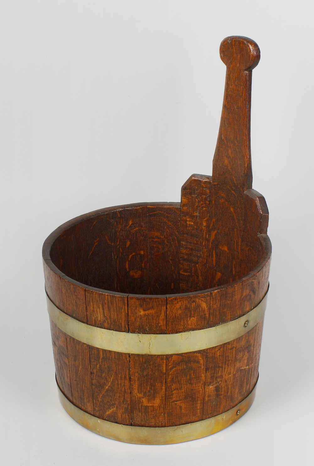 A 19th century brass bound coopered oak `luggie` or oyster-bucket, the body with shaped handle over
