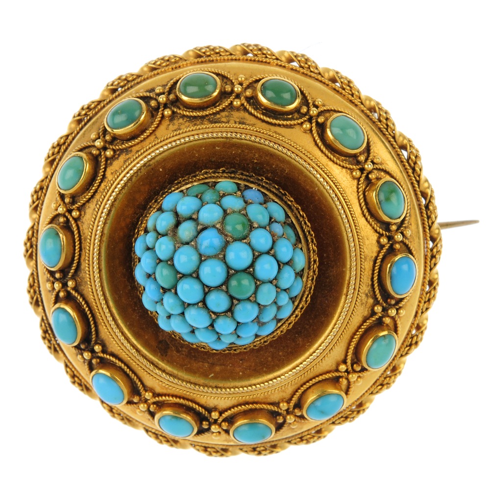 A late 19th century gold and turquoise brooch, the circular turquoise cabochon domed cluster, inset