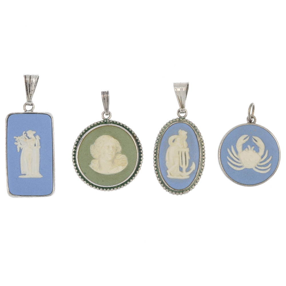 WEDGWOOD - nine items of jasperware jewellery, to include six pendants and three rings, each