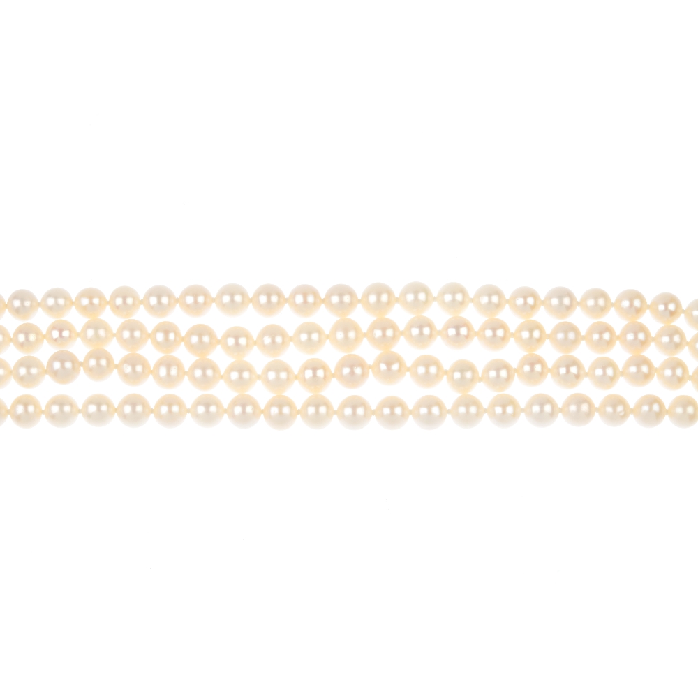 A cultured pearl four row bracelet, composed of four-rows of twenty-five cultured pearls, measuring