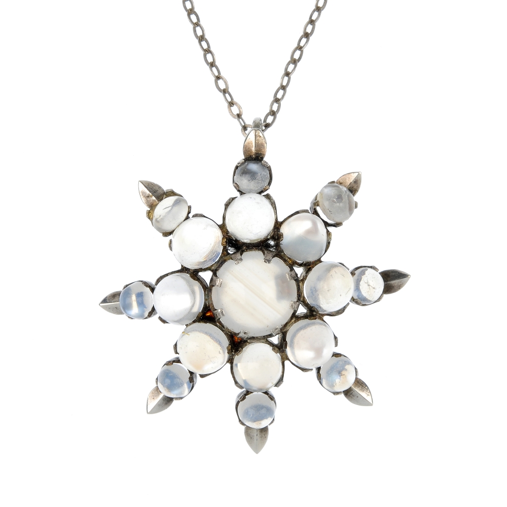 A moonstone pendant and crescent brooch, the pendant designed as a star set with circular cabochons