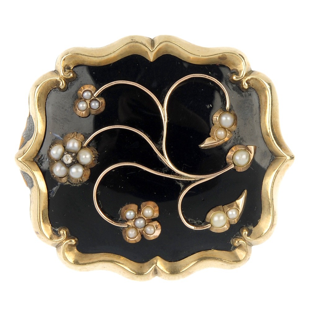 A late Victorian split pearl and enamel panel brooch, the split pearl and paste floral motif, to
