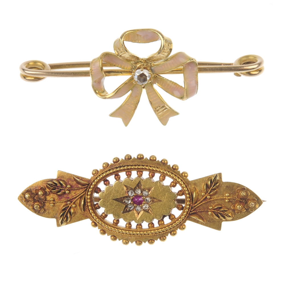 Two early 20th century gold gem-set brooches. To include an 18ct gold pink enamel and rose-cut