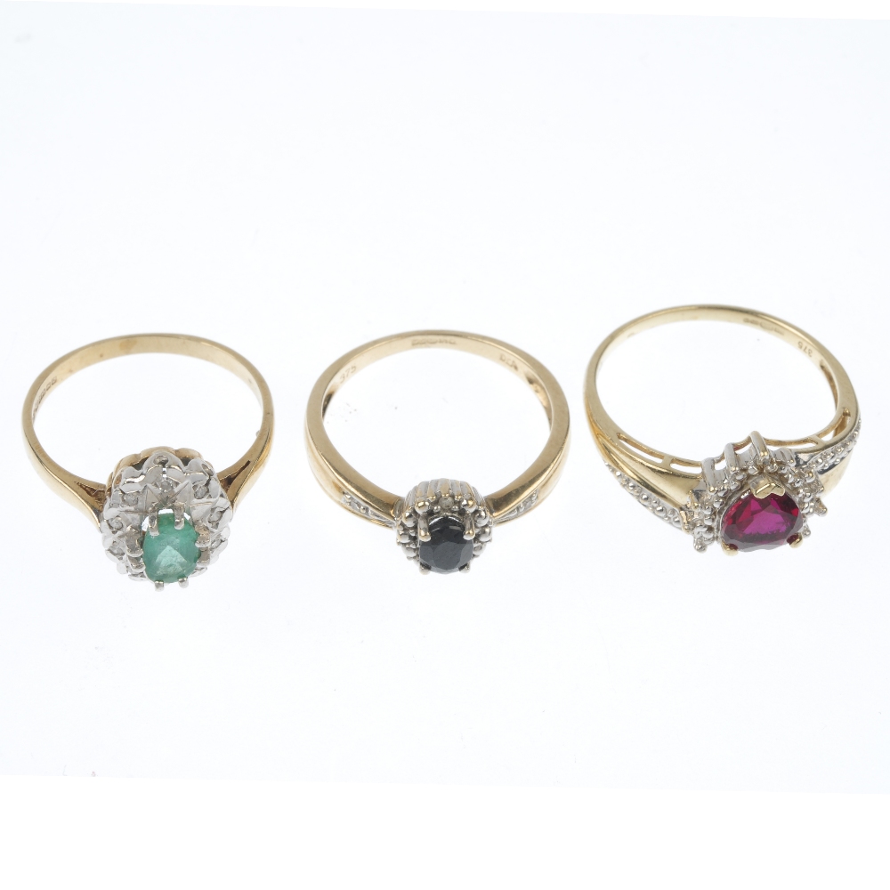 A selection of three 9ct gold gem-set cluster rings. To include an emerald and diamond ring, a - Image 2 of 4