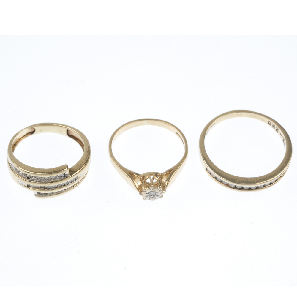 A selection of three 9ct gold diamond rings. To include a brilliant-cut diamond single-stone ring, - Image 2 of 4