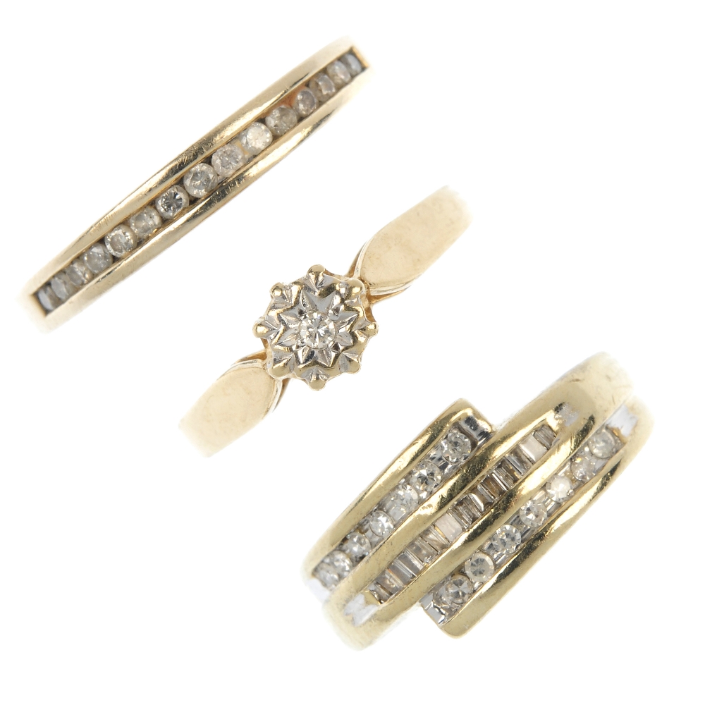 A selection of three 9ct gold diamond rings. To include a brilliant-cut diamond single-stone ring,