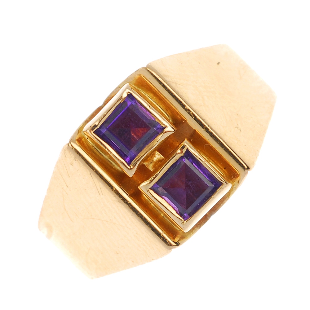 A 1970s 18ct gold synthetic colour-change sapphire two-stone ring. Designed as two square-shape