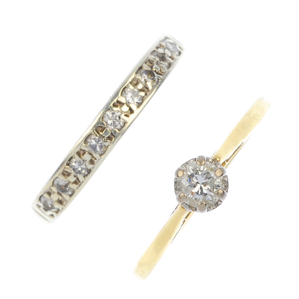A diamond single stone ring and a diamond half-circle eternity ring. Each set with brilliant-cut