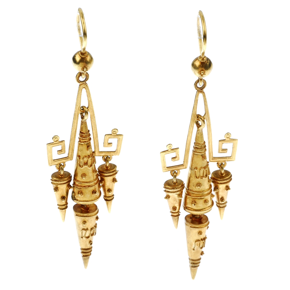 A pair of late 19th century gold ear pendants. Each designed as a graduated conical fringe and