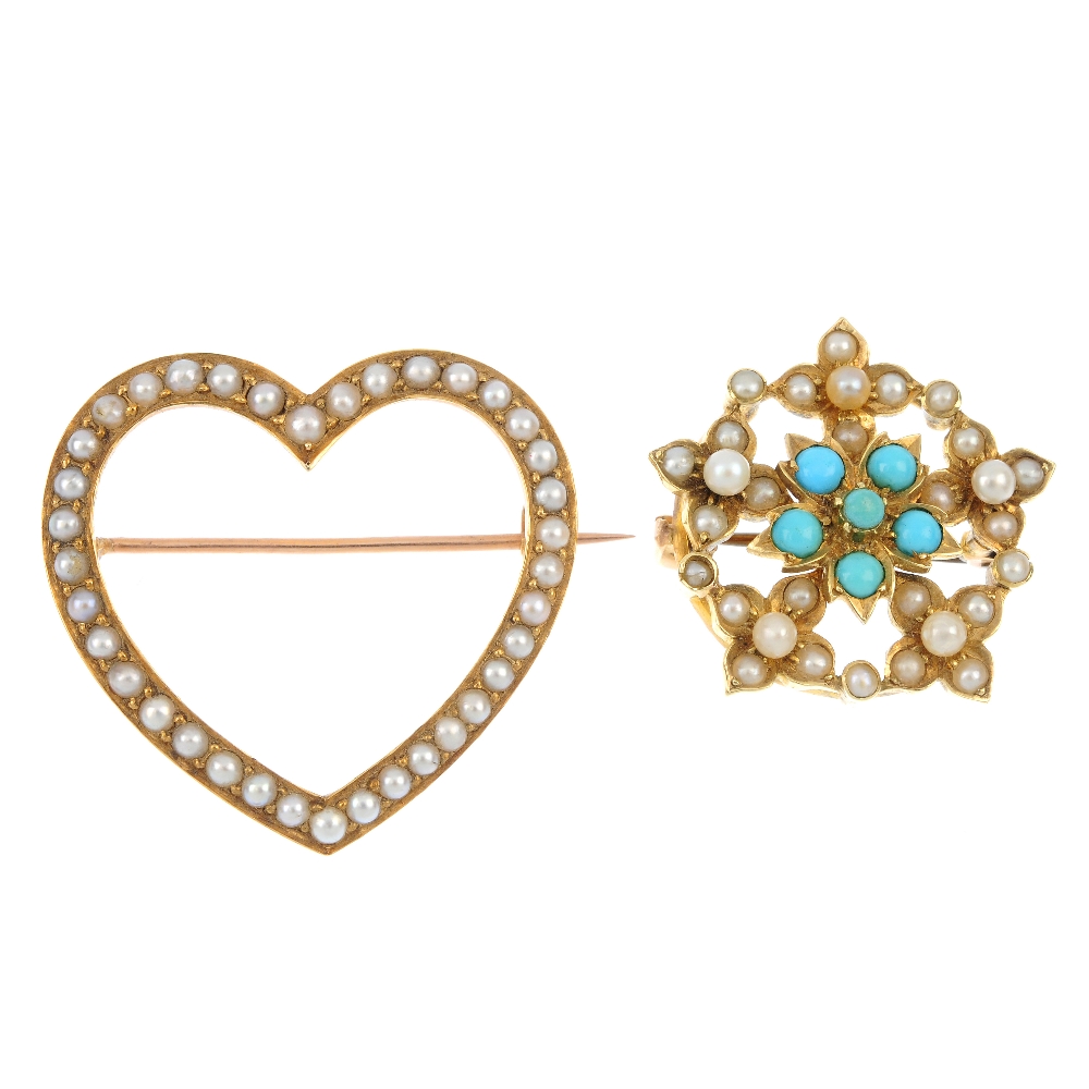 Two early 20th century gold split pearl and gem-set brooches. To include a split pearl heart-shape