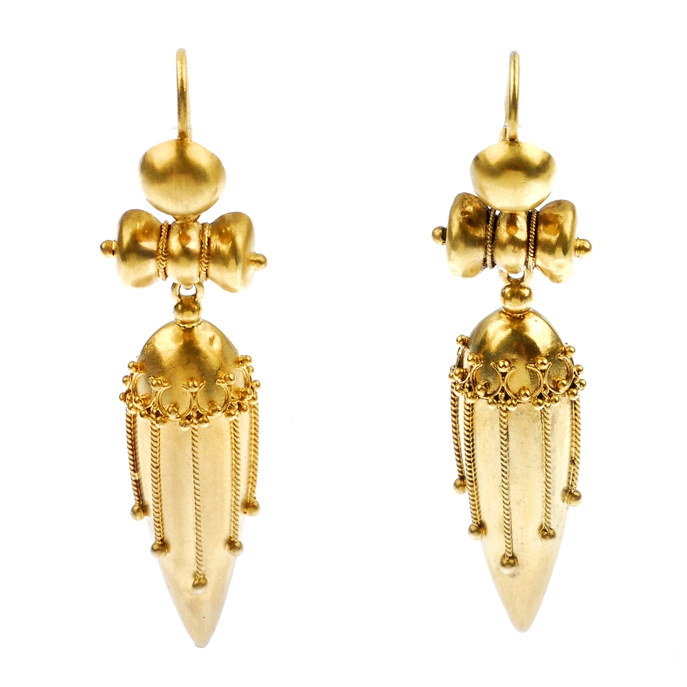 A pair of late Victorian gold ear pendants, circa 1880. Each designed as a tapered drop with