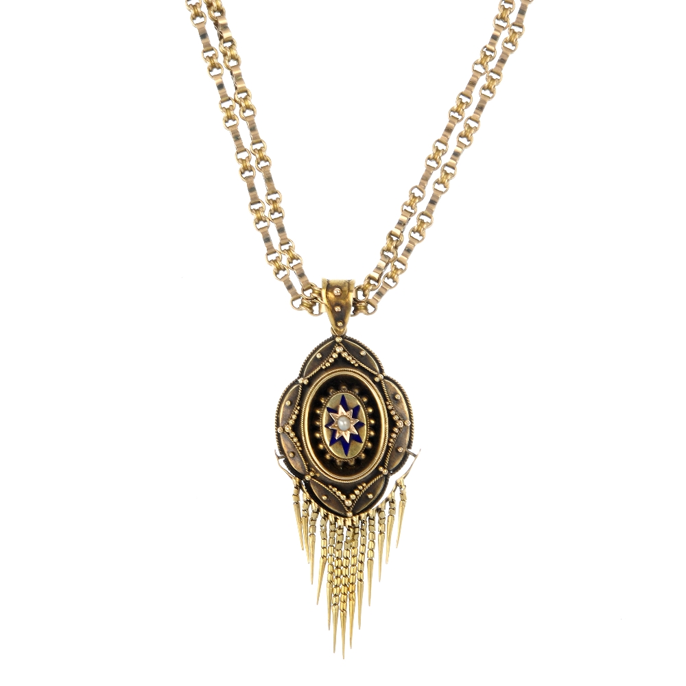 A late 19th century gold split pearl and enamel pendant and longguard chain. The pendant designed