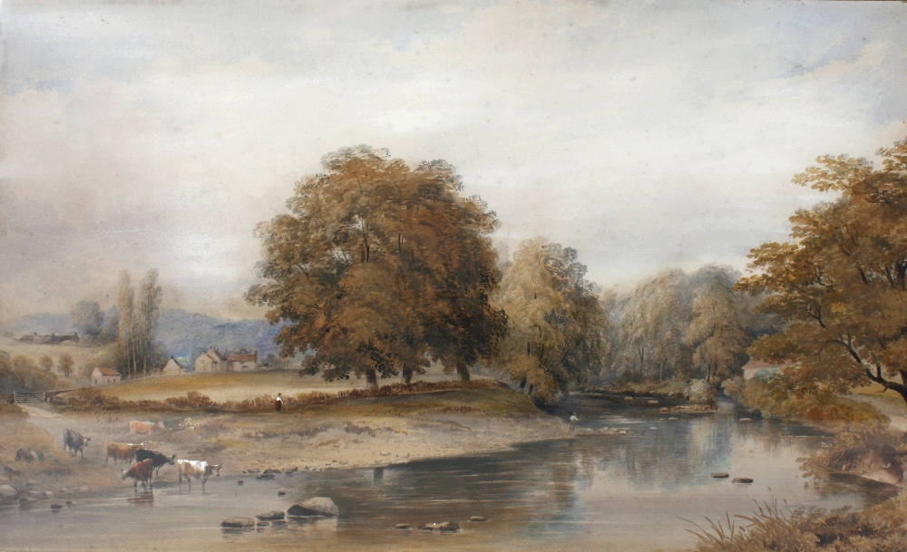 English School, (19th century)Watercolour, wooded river landscape with cattle watering to the fore,