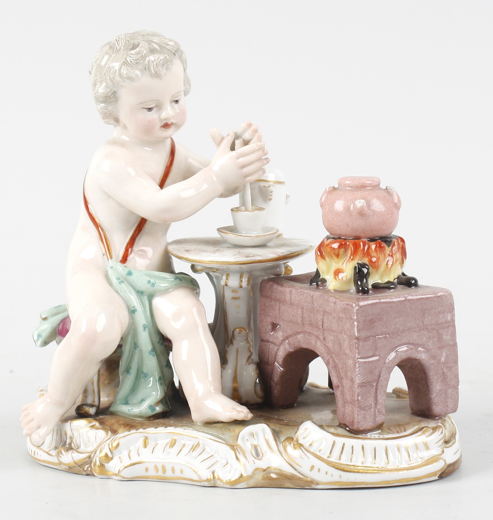 A late 19th century Meissen porcelain figure of Cupid, modelled as an allegory of fire, seated at a