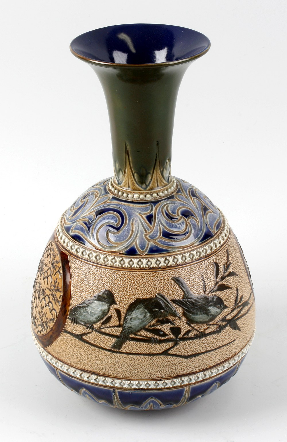 A late Victorian Doulton Lambeth vase by Florence Barlow. The flared neck (restored) above an ovoid
