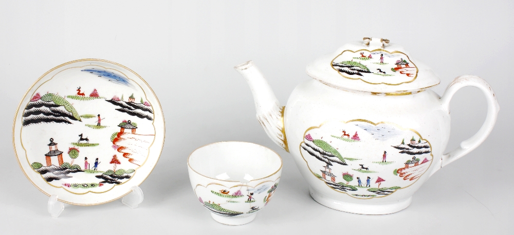 A rare late 18th century English porcelain `stag hunt` pattern part tea set, each piece painted in