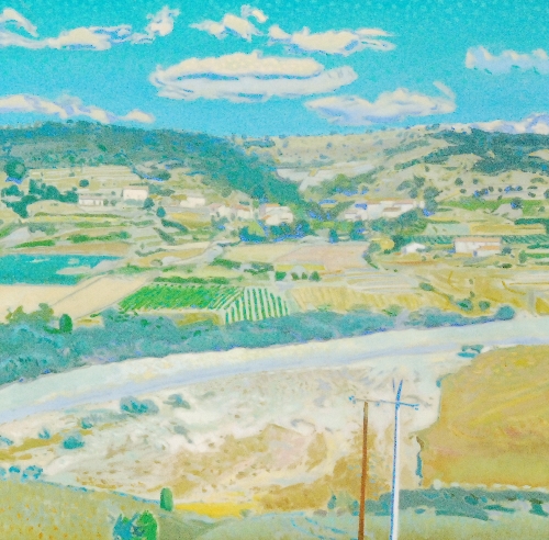 Gordon Miles (Contemporary) - A sunlit landscape, oil on canvas, framed, 57.5cm x 57.5cm