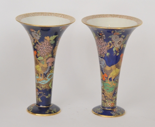Carlton Ware - Cock and Peony - A pair of trumpet vases with gilt and enamel decoration against a