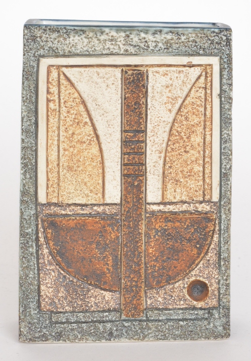 Troika Pottery - A rectangular slab vase by Holly Jackson decorated in the typical style with