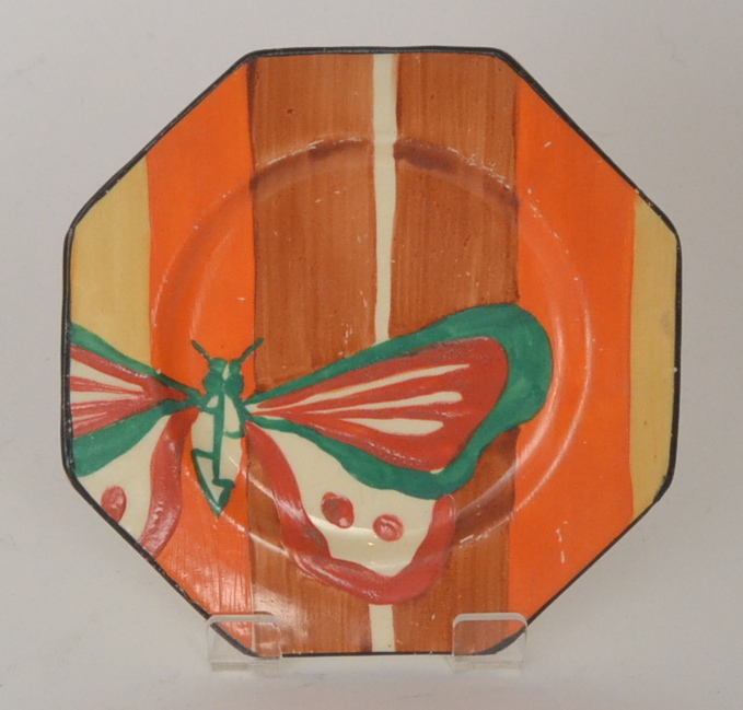 Clarice Cliff - Butterfly - An octagonal side plate circa 1930 hand painted with a stylised