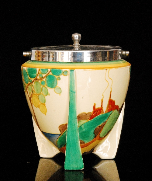 Clarice Cliff - Secrets - A shape 478 bomb biscuit barrel circa 1933 hand painted with a stylised