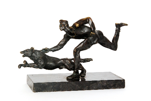 After Renee Sintenis (1888 - 1965) - A 1930s bronze study of a running after his dog, raised to a