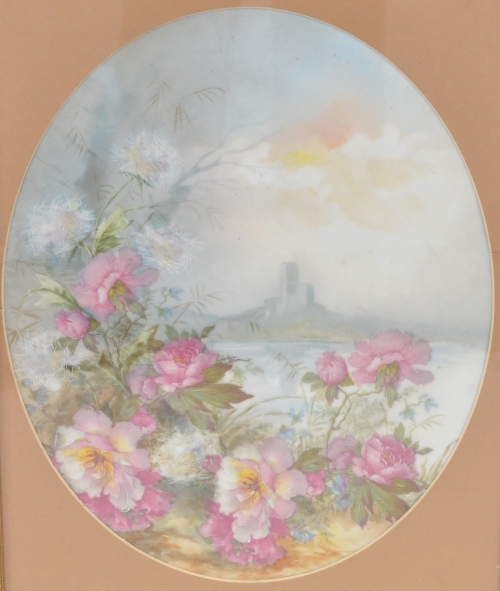 An early 20th Century porcelain plaque decorated with transfer and hand tinted pink flowers and