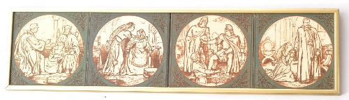 Four Minton Hollins & Co 6 inch dust pressed tiles circa 1880 framed in landscape, each decorated