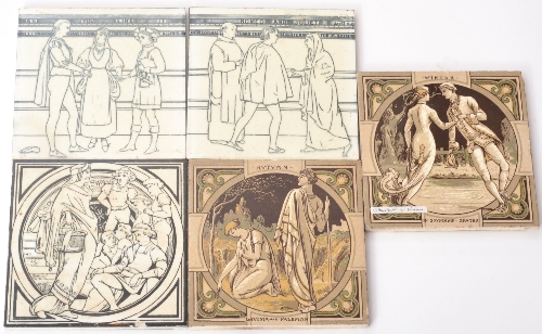 Three 6 inch J. Moyr Smith for Minton China Works dust pressed tiles circa 1880, the first from the