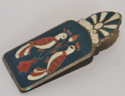 A Scandinavian Art Deco style enamelled sprung letter clip decorated with a Viking longboat and a