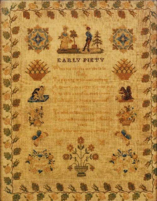 A 19th Century needlework sampler, worked with a verse entitled Early Piety with a portrait of a