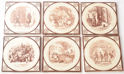 A set of six Decorative Art Tile Co 6 inch dust pressed tiles circa 1880 decorated with images