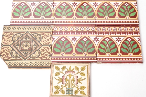 A collection of assorted 19th Century tiles to include five 7 inch Campbell Brick & Tile Co tiles