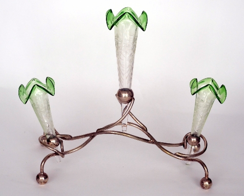 A late 19th to early 20th Century Stourbridge glass epergne with a silver plated wire form base