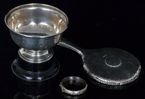 A hallmarked silver trophy bowl with engraved presentation, together with a silver backed hand